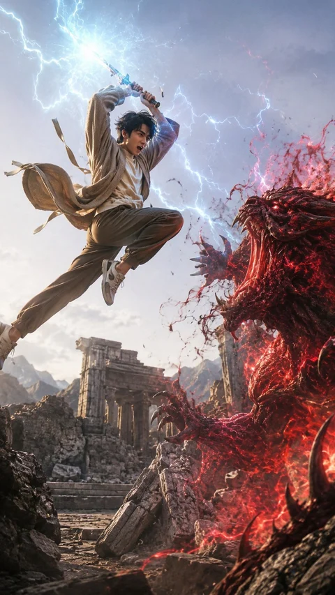 An illustrated fighter leaps through the air with a glowing weapon above a huge red creature in a ruined landscape.