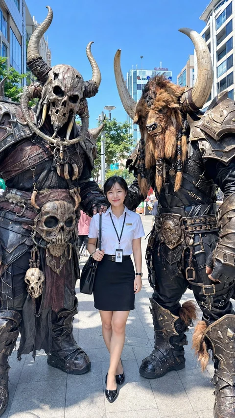 A small figure in a pale shirt walks between two towering horned armored creatures on a bright city street.