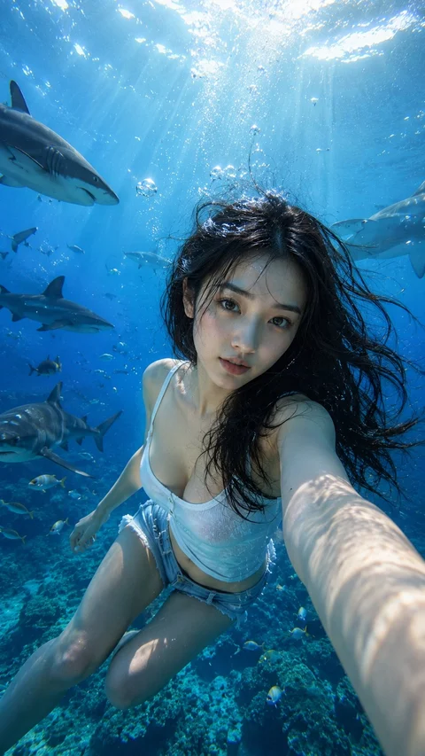 Dark hair floats around a woman reaching toward the underwater camera, with sharks swimming behind her.