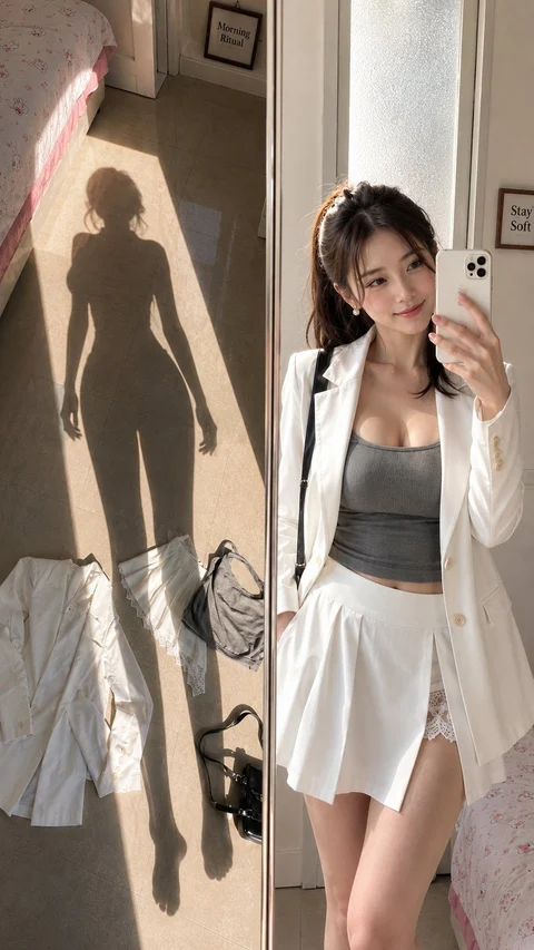Beside a sunlit wall, a person photographs their reflection in a white jacket and pleated skirt worn with a gray top.