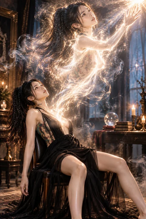 A shimmering humanlike figure rises above a seated person in black within a dark candlelit interior.