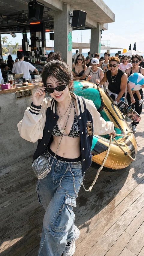 A woman in sunglasses, a dark cropped top, jeans and a varsity jacket walks through a busy poolside area.