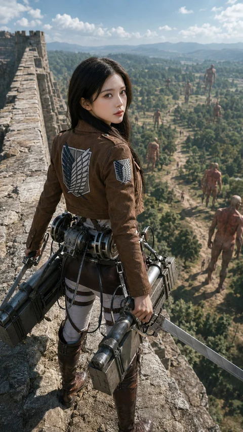 A woman in a brown military-style jacket and mechanical harness stands on an ancient stone wall above a vast landscape.