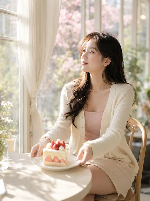 Illustrative adult portrait: Cream cardigan with a cake plate in warm daylight
