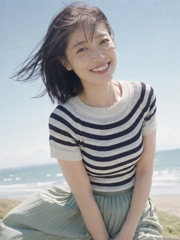 Illustrative adult portrait: Striped knitwear and a pale skirt beside the sea