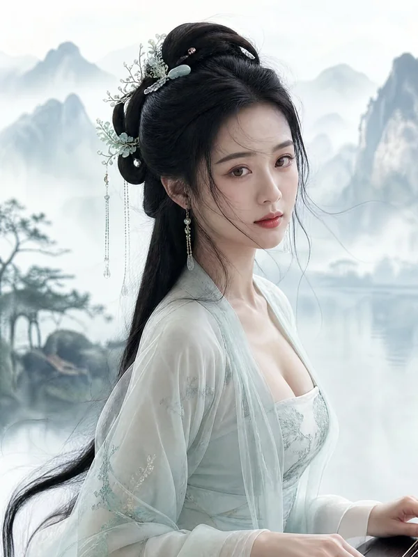 Illustrative adult portrait: Pale green embroidered clothing with a traditional instrument