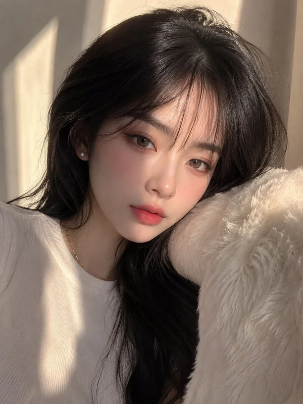 Illustrative adult portrait: Ivory top beside a cream cushion in window light