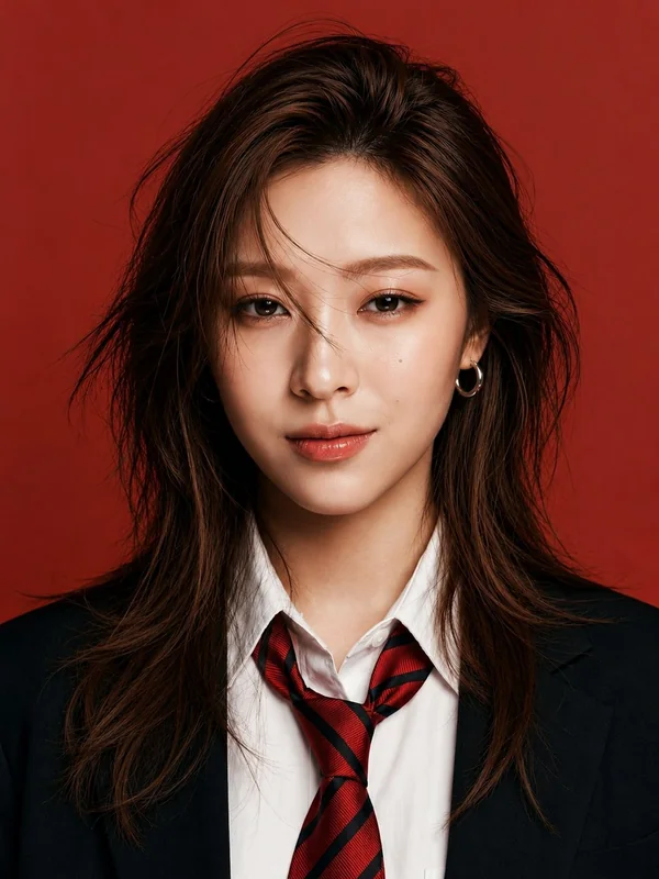 Illustrative adult portrait: Dark tailoring and red tie against a red backdrop